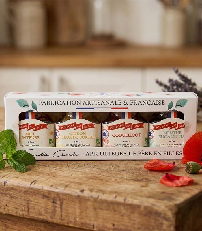 Coffret de 4 saveurs de Bonbons au miel (4x60g) : Citron / Fleur de sureau - Coquelicot - Menthe / Eucalyptus - Miel Intense - x12 Abeilles de Malescot
