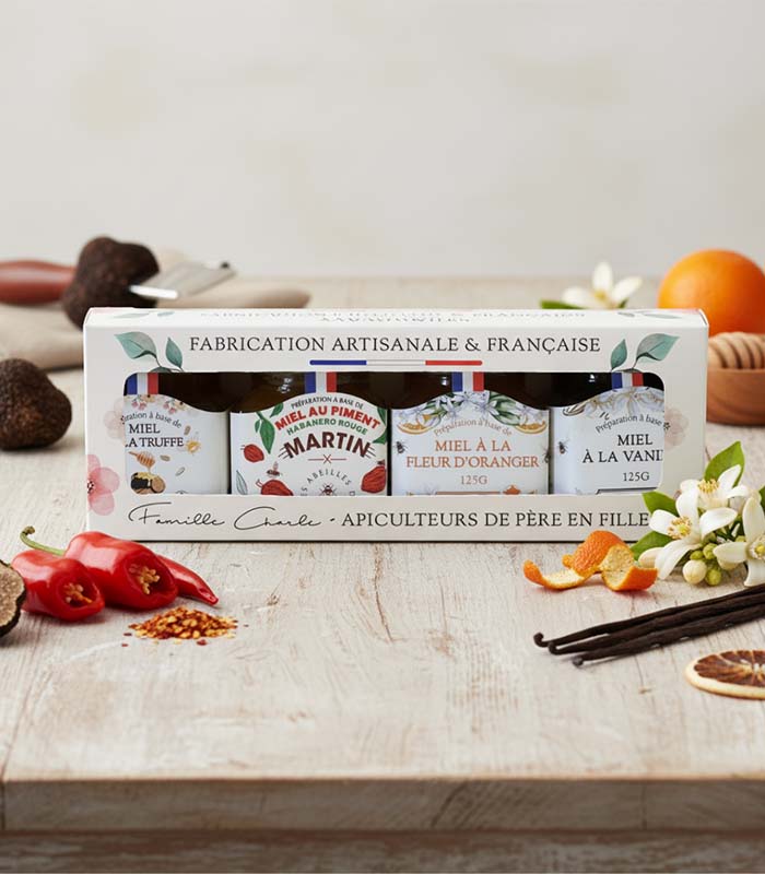 Coffret de 4 Miels gourmets (4x125g) : Fleur d'Oranger - Truffe - Vanille - Piment - x12 Abeilles de Malescot