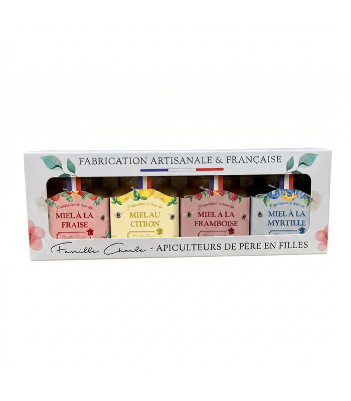 Coffret de 4 Miels aux fruits : Myrtille - Framboise - Fraise - Citron (4x125g) - x12 Abeilles de Malescot