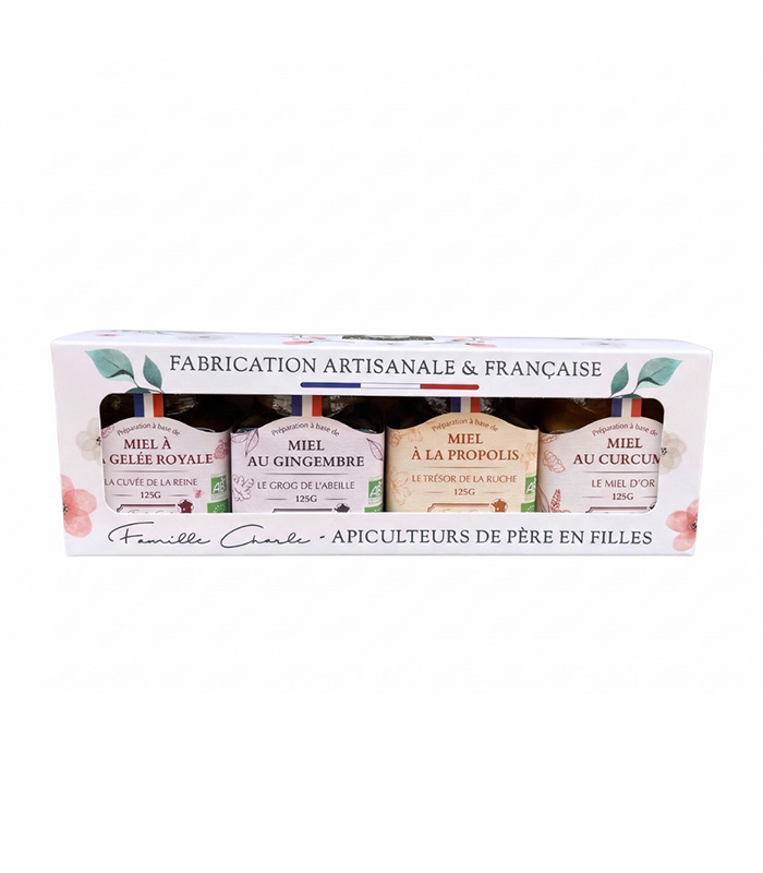 Coffret de 4 Miels bien-être (4x125g) : Curcuma - Propolis - Gelée Royale - Gingembre - x12 Abeilles de Malescot