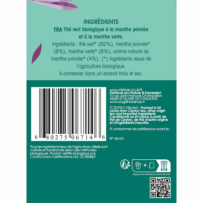 Thé Glacé Thé Vert Menthe Bio 20 sachets x6 ETS
