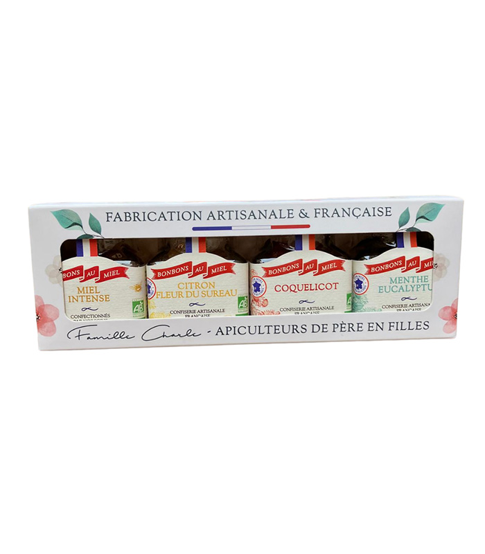 [90798] Coffret de 4 saveurs de Bonbons au miel (4x60g) : Citron / Fleur de sureau - Coquelicot - Menthe / Eucalyptus - Miel Intense - x12 Abeilles de Malescot