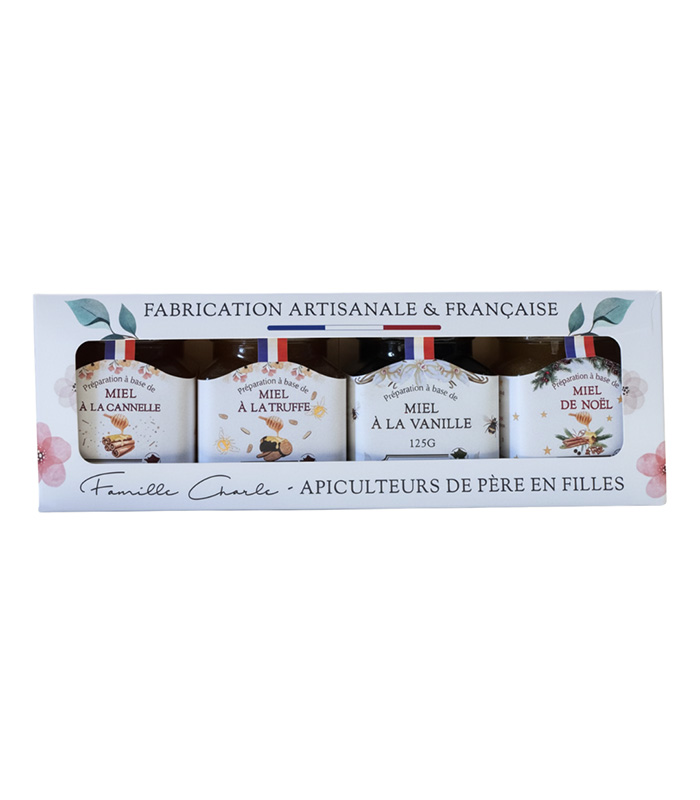 [12105] Coffret de Noël de 4 Miels (4x125g) : Truffe - Cannelle - Vanille - Noël - x12 Abeilles de Malescot