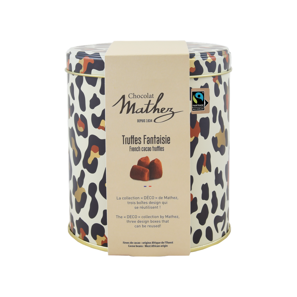 [91114] Boîte déco Léopard - Truffes aux éclats de caramel 250g - x12 Mathez