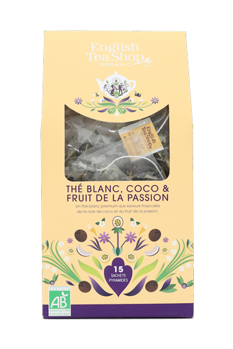 Thé Blanc Coco &amp; Fruit de la Passion Bio 15 sachets pyramides x6 ETS