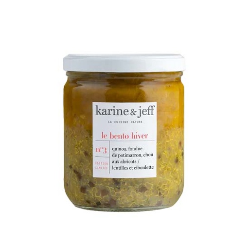 [30387] Bento quinoa, fondue de potimarron, chou, abricots & lentilles ciboulette Bio 350g x6 Karine & Jeff
